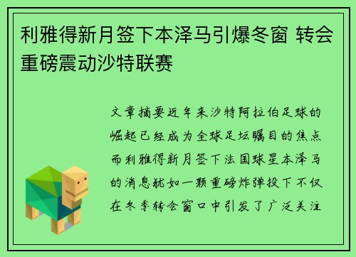 利雅得新月签下本泽马引爆冬窗 转会重磅震动沙特联赛 利雅得新月签下本泽马引爆冬窗 转会重磅震动沙特联赛
