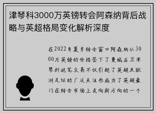 津琴科3000万英镑转会阿森纳背后战略与英超格局变化解析深度